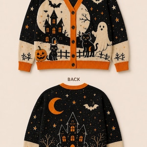 May include: A black and orange V-neck button-down cardigan featuring a Halloween-themed knit pattern. The front displays a haunted house, a ghost, a black cat, and a pumpkin. The back shows a crescent moon, a bat, and a haunted house design.