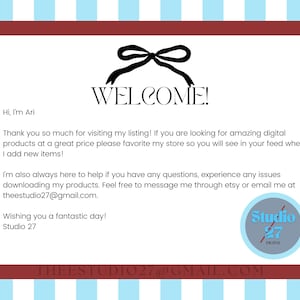May include: A welcome message with a black bow graphic above the word "WELCOME!". The message is in a white frame with a red border, set against a blue and white striped background. The text includes a shop name and contact information.