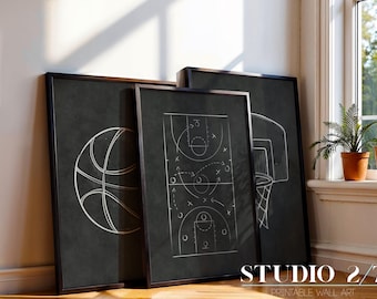 Basketball Wandkunst | Modernes Sport Raum Dekor | 3er-Set | Kohle Poster | Sofortdownload
