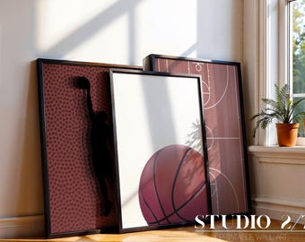 Basketballfeld-Poster-Set zum Ausdrucken | Deko fürs Sportlerzimmer | Sportposter-Set in Bordeauxrot | Sofort-Download
