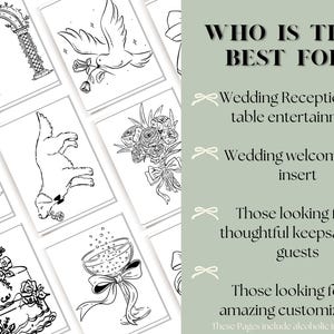 May include: A collection of black and white line art illustrations, including a wedding arch, dove, and cake. The text "WHO IS THIS BEST FOR" is displayed, followed by descriptions for wedding-related uses.