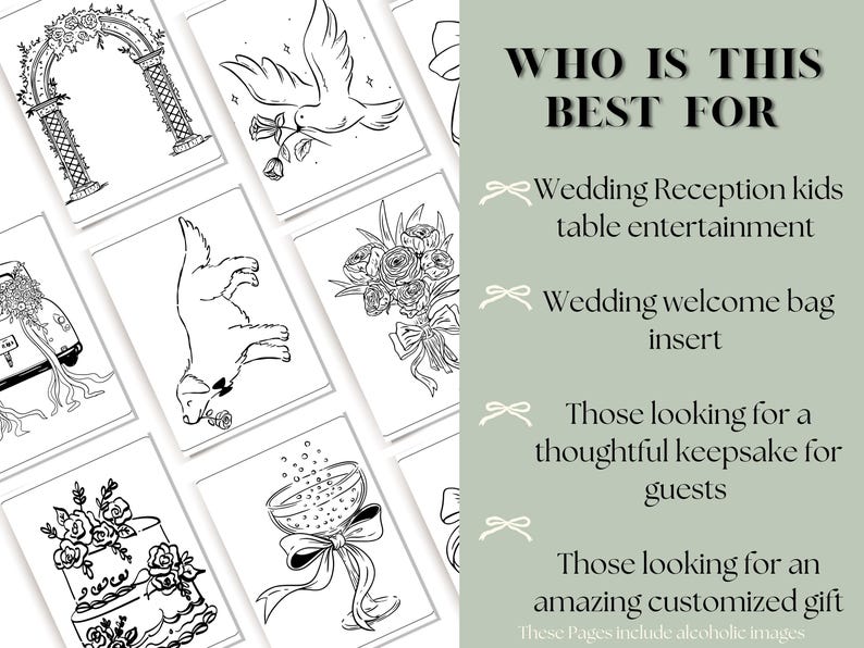 May include: A collection of black and white line art illustrations, including a wedding arch, dove, and cake. The text "WHO IS THIS BEST FOR" is displayed, followed by descriptions for wedding-related uses.