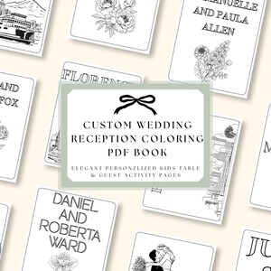 May include: A collection of black and white wedding-themed coloring pages. The pages feature illustrations of flowers, cityscapes, and couples, with names and dates. A central card reads "Custom Wedding Reception Coloring PDF Book."