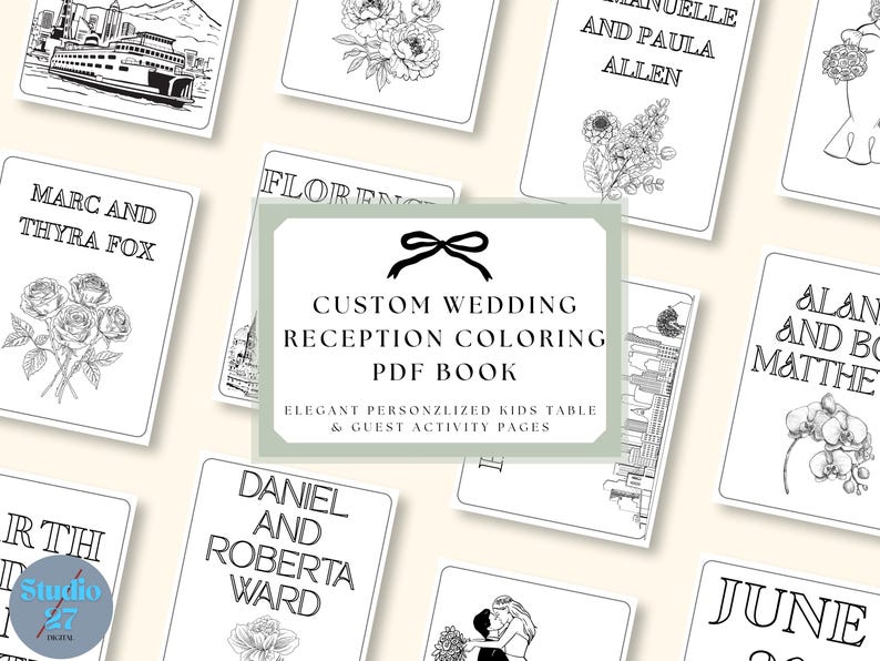 May include: A collection of black and white wedding-themed coloring pages. The pages feature illustrations of flowers, cityscapes, and couples, with names and dates. A central card reads "Custom Wedding Reception Coloring PDF Book."