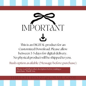 May include: A digital product announcement with a red and white border on a blue and white striped background. The word "IMPORTANT" is at the top, followed by a download icon. Text details a digital download, delivery time, and a rush option.
