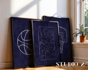 Basketball Wall Art | Modern Sports Room Decor | Set of 3 | Navy Poster | Instant Download