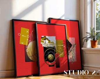 Modernes Basketball-Streetwear-Wandbild-Set | Sportliche Deko zum Ausdrucken | Poster in Rot und Gold | Sofort-Download