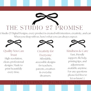 May include: A rectangular card with a red border and a white interior, featuring the text "THE STUDIO 27 PROMISE." The card includes three black bow illustrations and descriptive text about the company's values and services. The background is light blue with white vertical stripes.