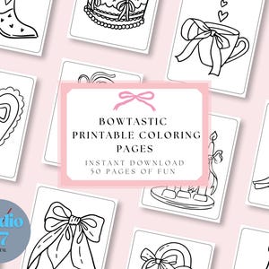 Pode incluir: Uma coleção de páginas para colorir imprimíveis com ilustrações com tema de laços. O cartão central diz "Bowtastic Printable Coloring Pages" com "Download instantâneo" e "50 páginas de diversão" em uma moldura rosa. As páginas apresentam vários desenhos de laços.