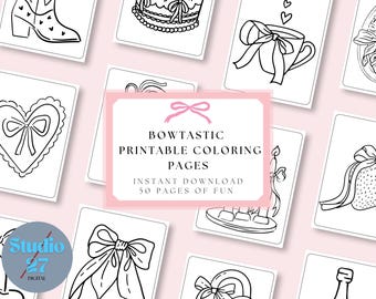 Bow Coloring Pages Printable | 50 Page Coquette Themed Activity Book PDF | Instant Download