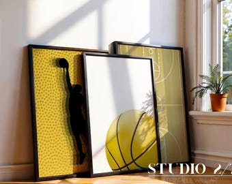 Basketball Court Printable Set | Athlete Bedroom Decor | Yellow Sports Poster Bundle | Instant Download