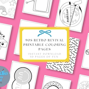 May include: A selection of black and white 90s-themed coloring pages against a pink backdrop. The pages showcase diverse designs, such as a boombox, a smiley face, and a bubble gum machine. Text on the pages reads "90s Retro Revival Printable Coloring Pages."