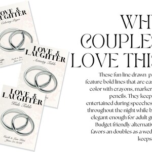May include: Three wedding-themed activity sheets with silver ring illustrations. The sheets are labeled "Coloring Pages", "Activity Table", and "Kids Table". Text on the right reads "Why Couples Love This". The sheets are a budget-friendly alternative to wedding favors.