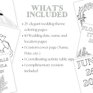 May include: A collection of white cards with black line art illustrations and text. The cards feature wedding-themed images, including a bride and groom, a cat holding flowers, and floral arches. Text includes "WHAT'S INCLUDED" and wedding details.