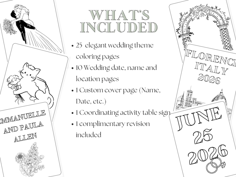 May include: A collection of white cards with black line art illustrations and text. The cards feature wedding-themed images, including a bride and groom, a cat holding flowers, and floral arches. Text includes "WHAT'S INCLUDED" and wedding details.