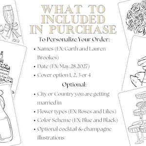 May include: Black and white illustrations of wedding-themed items, including champagne glasses, a cake, and a bouquet of roses. Text reads "WHAT TO INCLUDED IN PURCHASE" and details for personalization.