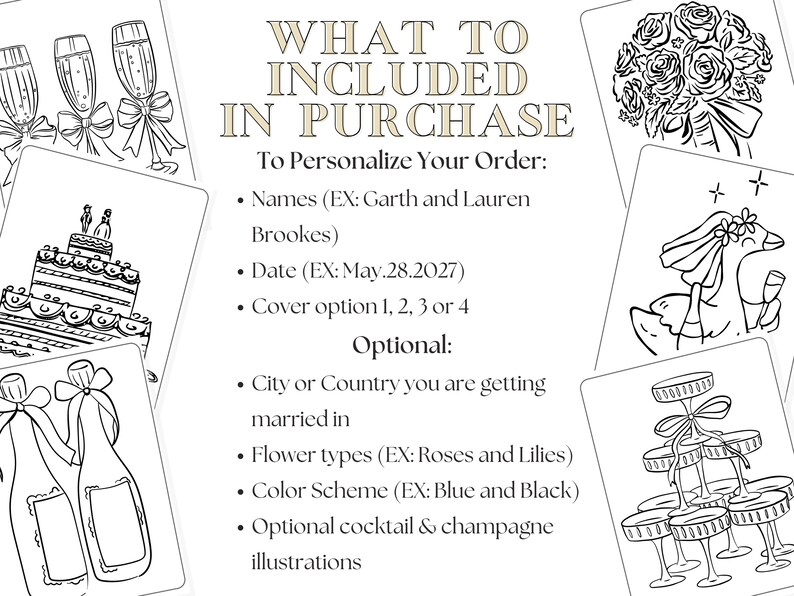 May include: Black and white illustrations of wedding-themed items, including champagne glasses, a cake, and a bouquet of roses. Text reads "WHAT TO INCLUDED IN PURCHASE" and details for personalization.