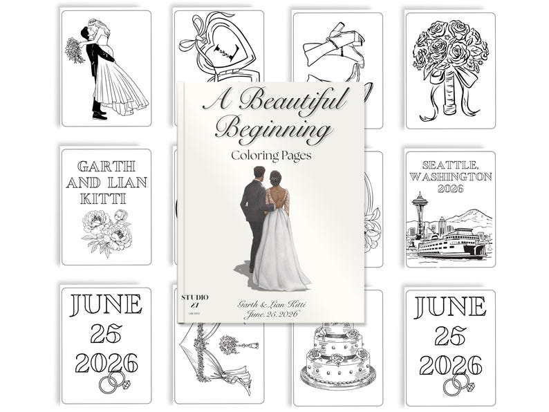 May include: A collection of black and white wedding-themed coloring pages. The central book cover reads "A Beautiful Beginning Coloring Pages" with a couple illustration. Other pages feature wedding elements, Seattle landmarks, and dates.