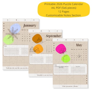 May include: Printable 2026 puzzle calendar with a beige background, featuring January, September, and May. Each month has a unique design with abstract shapes and a notes section. The calendar is A4 size and comes in PDF format.