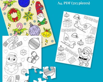 Op de afbeelding: Een set afdrukbare vakantie kleurpuzzels. De puzzels bevatten kerstthema-illustraties, waaronder ornamenten, een sneeuwpop, de kerstman en een kabouter. De tekst op de afbeelding luidt "Printable Holiday Coloring Puzzle Mini Bundle (5 in 1) A4, PDF (3x5 pieces)".