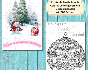 May include: Two jigsaw puzzles. One features a snowman and penguin in a snowy scene with text "Have a magical holiday." The other puzzle shows a detailed ornament design with the text "Holidays are art for the soul."
