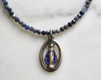 Miraculous medal necklace, rare find, religious medal jewelry, blue sapphire necklace, beaded necklace, F1324-by French Feather Design.