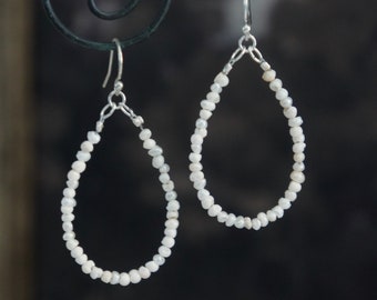 Pearl earrings, pearl hoop earrings, teardrop hoop earrings, beaded earrings, bridal jewelry, white pearls, F1361-by French Feather Designs.