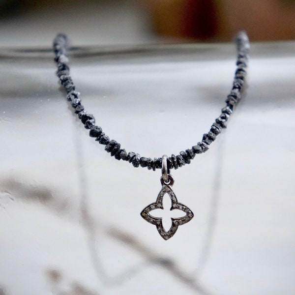 Black diamond necklace, diamond choker, raw diamonds, diamond charm, black beaded choker, charm necklace, F1294-by French Feather Design.