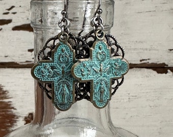 Cross earrings, verde crosses, four way cross, southwest jewelry, western jewelry, southwest earrings, F1251-by French Feather Designs.