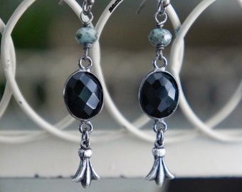 Black onyx earrings, black earrings, charm earrings, gemstone earrings, onyx jewelry, onyx earrings, F1383-by French Feather Designs.