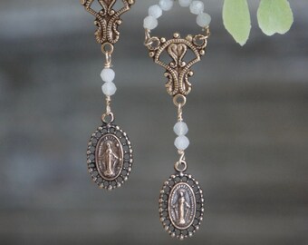 Miraculous medals, bronze religious medals, moonstone earrings, miraculous medal earrings, moonstone, F1318-by French Feather Designs.