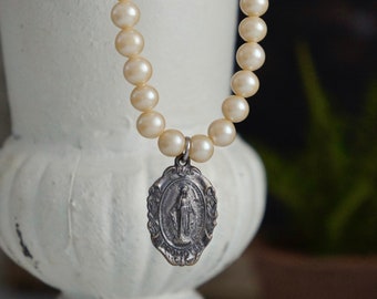 Rare find, Vintage Miraculous medal, vintage pearl necklace, religious medal necklace, vintage medal, F1363-by French Feather Design.