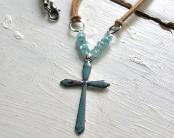 Cross necklace, modern cross, Turquoise blue cross, leather cross necklace, gemstone cross necklace, F1357-by French Feather Designs