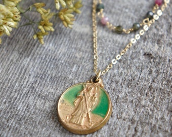 Rare Find, Saint Patrick medal, vintage St Patrick medal, gemstone necklace, Tourmaline necklace, Irish medal, F1317- French Feather Design.