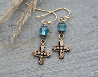 Vintage rosary earrings, small cross earrings, bronze cross earrings, french earrings, petite earrings, F1382-by French Feather Designs.