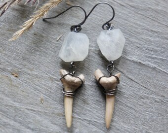 Shark jewelry, shark tooth earrings, shark tooth jewelry, gemstone earrings, beach jewelry, boho earrings, F1385-French Feather Design