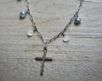 Silver cross necklace, gemstone cross, sterling silver, cross jewelry, gemstone necklace, religious jewelry, F1354-by French Feather Designs