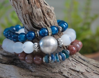 Beaded bracelets, stretch bracelets, bracelet set, stacked bracelets, gemstone bracelet, blue, brown, white, F1365 by French Feather Design