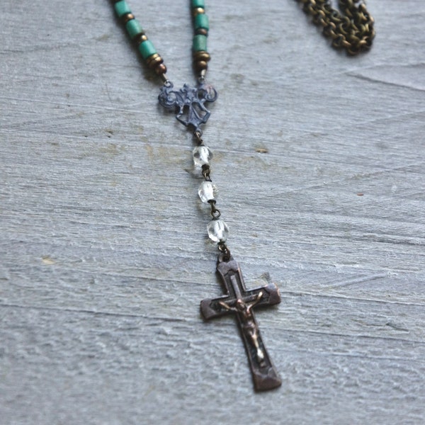 Vintage cross necklace, boho necklace, beaded necklace, bronze cross, rosary beads, Y necklace, teal blue, F1356-by French Feather Design.