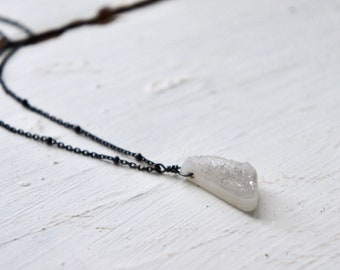 Druzy necklace, black necklace, modern necklace, stone pendant, druzy pendant, minimalist necklace, F1301-by French Feather Design.