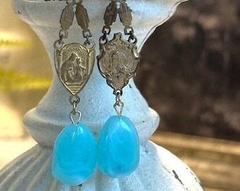 Vintage earrings, vintage rosary earrings, aqua blue stone earrings, Amazonite earrings, long dangles, F1371-by French Feather Designs.