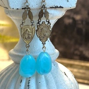 Vintage earrings, vintage rosary earrings, aqua blue stone earrings, Amazonite earrings, long dangles, F1371-by French Feather Designs. image 1