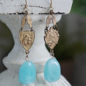 Vintage earrings, vintage rosary earrings, aqua blue stone earrings, Amazonite earrings, long dangles, F1371-by French Feather Designs. image 7