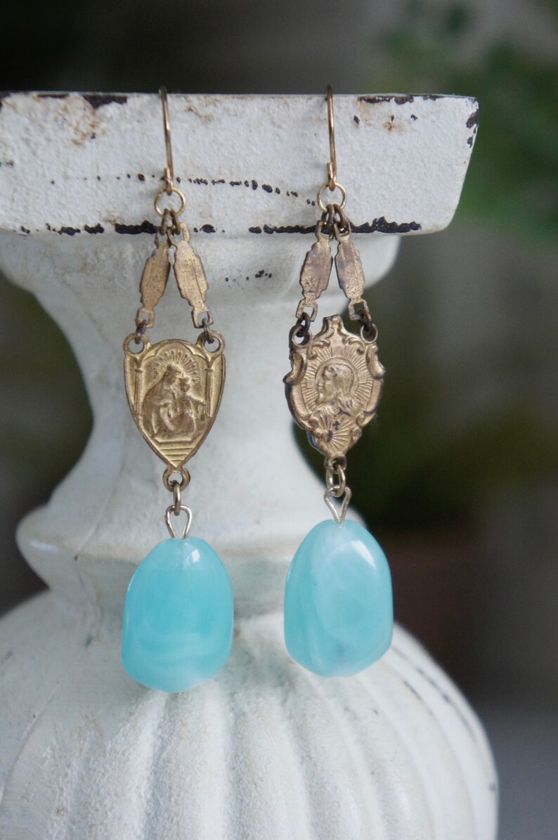 Vintage earrings, vintage rosary earrings, aqua blue stone earrings, Amazonite earrings, long dangles, F1371-by French Feather Designs. image 7