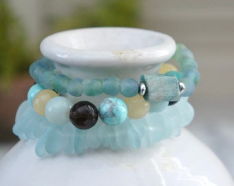 Sea glass bracelets, stretch bracelets, bracelet set, bracelet stack, gemstone bracelets, beaded bracelets, F1375 by French Feather Design