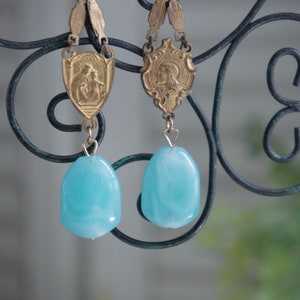 Vintage earrings, vintage rosary earrings, aqua blue stone earrings, Amazonite earrings, long dangles, F1371-by French Feather Designs. image 6