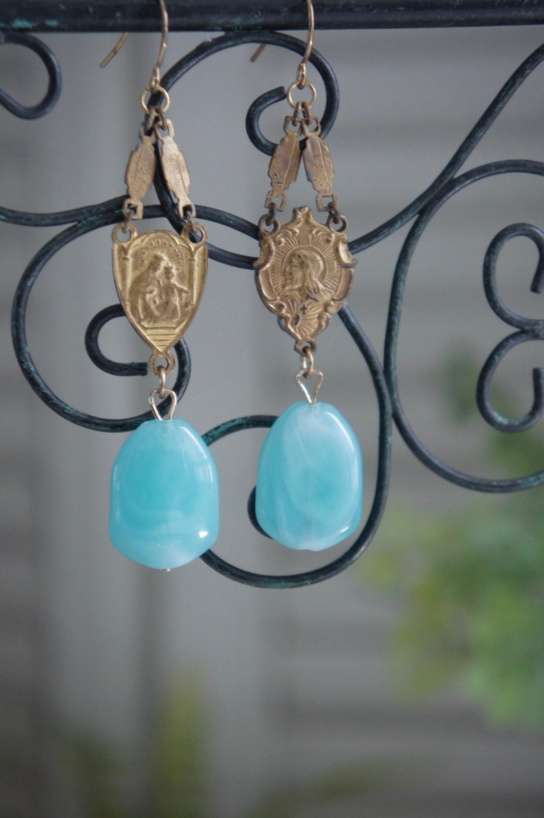 Vintage earrings, vintage rosary earrings, aqua blue stone earrings, Amazonite earrings, long dangles, F1371-by French Feather Designs. image 6