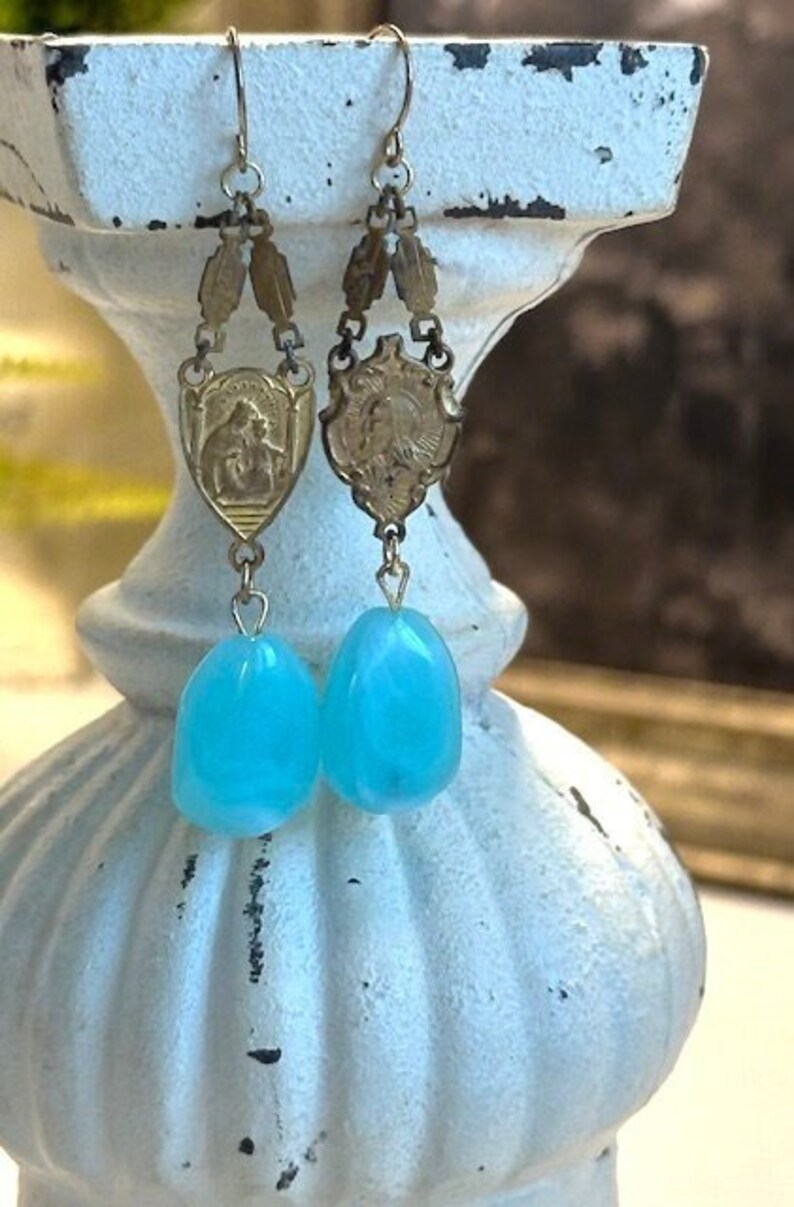 Vintage earrings, vintage rosary earrings, aqua blue stone earrings, Amazonite earrings, long dangles, F1371-by French Feather Designs. image 1