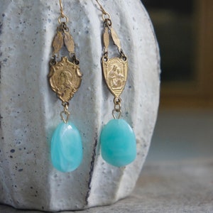 Vintage earrings, vintage rosary earrings, aqua blue stone earrings, Amazonite earrings, long dangles, F1371-by French Feather Designs. image 4