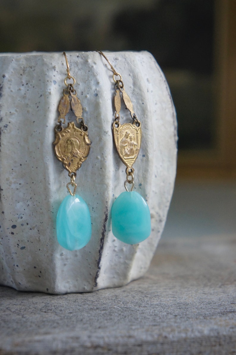 Vintage earrings, vintage rosary earrings, aqua blue stone earrings, Amazonite earrings, long dangles, F1371-by French Feather Designs. image 4